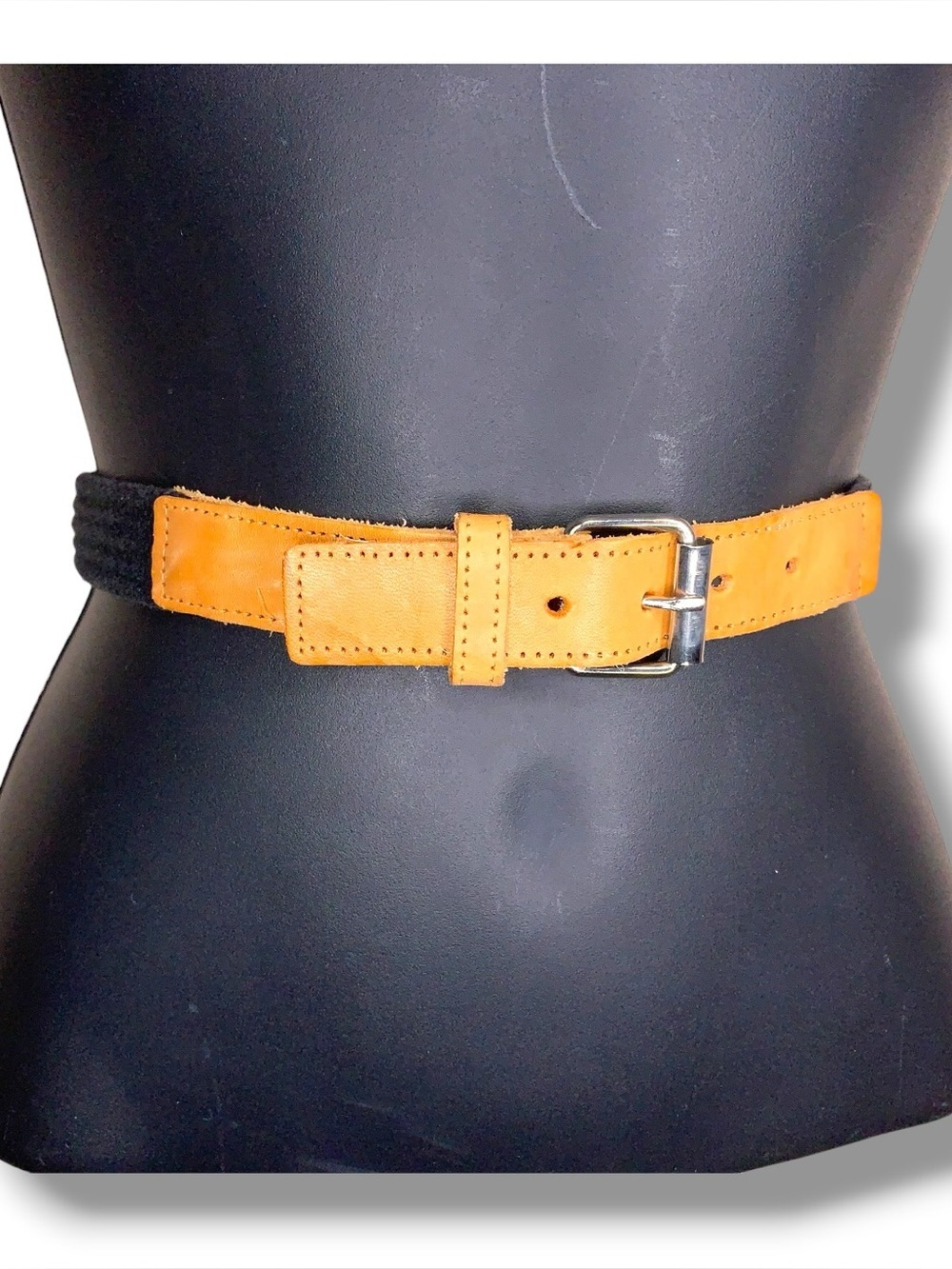 Vintage Small Black Canvas Belt Tan Brown Leather Womens Western
